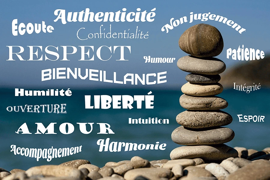 Cairn de pierres symbolisant équilibre, respect, bienveillance et valeurs du kinésiologue.