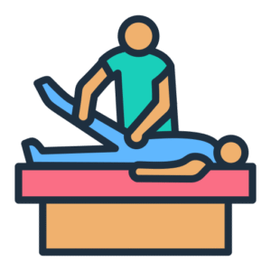 Illustration d’un kinésiologue réalisant un test musculaire sur un patient allongé.